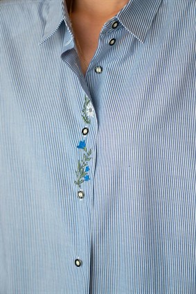 Vintage Çiçekli Çizgili Mavi Gömlek 