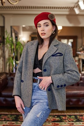 Vintage Lacivert Biyeli Gri Ceket