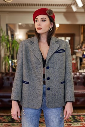 Vintage Lacivert Biyeli Gri Ceket